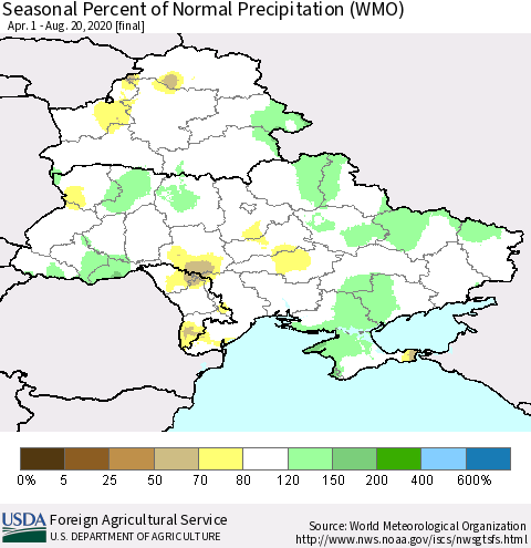 Ukraine, Moldova and Belarus Seasonal Percent of Normal Precipitation (WMO) Thematic Map For 4/1/2020 - 8/20/2020