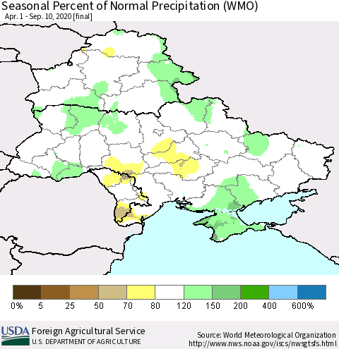 Ukraine, Moldova and Belarus Seasonal Percent of Normal Precipitation (WMO) Thematic Map For 4/1/2020 - 9/10/2020