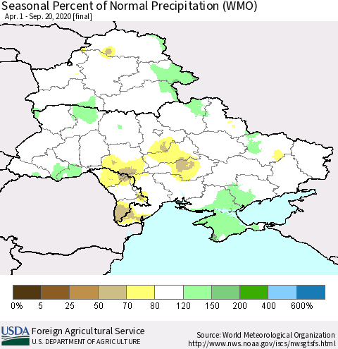 Ukraine, Moldova and Belarus Seasonal Percent of Normal Precipitation (WMO) Thematic Map For 4/1/2020 - 9/20/2020