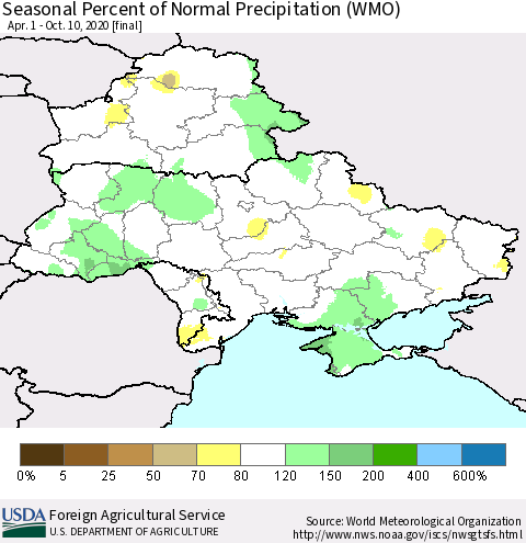 Ukraine, Moldova and Belarus Seasonal Percent of Normal Precipitation (WMO) Thematic Map For 4/1/2020 - 10/10/2020