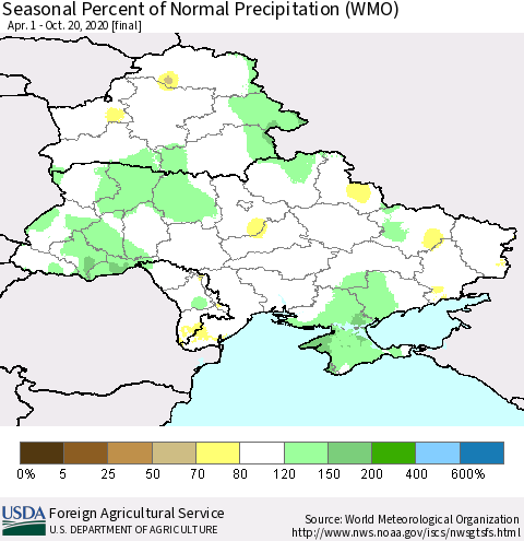 Ukraine, Moldova and Belarus Seasonal Percent of Normal Precipitation (WMO) Thematic Map For 4/1/2020 - 10/20/2020