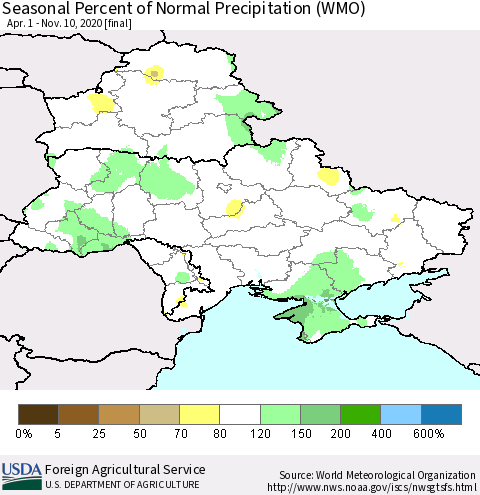Ukraine, Moldova and Belarus Seasonal Percent of Normal Precipitation (WMO) Thematic Map For 4/1/2020 - 11/10/2020
