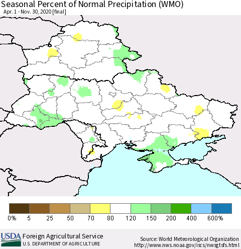 Ukraine, Moldova and Belarus Seasonal Percent of Normal Precipitation (WMO) Thematic Map For 4/1/2020 - 11/30/2020