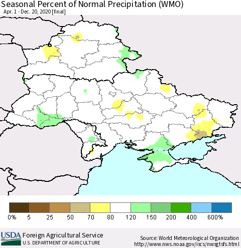 Ukraine, Moldova and Belarus Seasonal Percent of Normal Precipitation (WMO) Thematic Map For 4/1/2020 - 12/20/2020