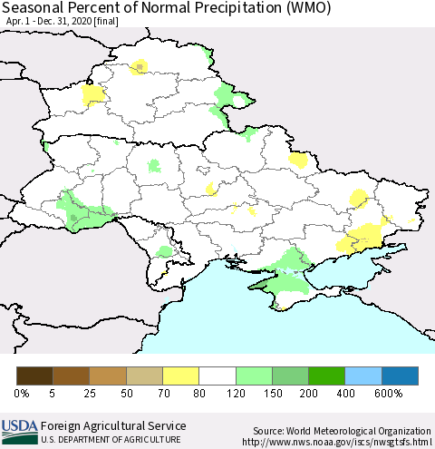 Ukraine, Moldova and Belarus Seasonal Percent of Normal Precipitation (WMO) Thematic Map For 4/1/2020 - 12/31/2020
