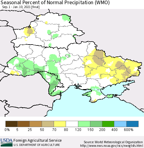 Ukraine, Moldova and Belarus Seasonal Percent of Normal Precipitation (WMO) Thematic Map For 9/1/2020 - 1/10/2021