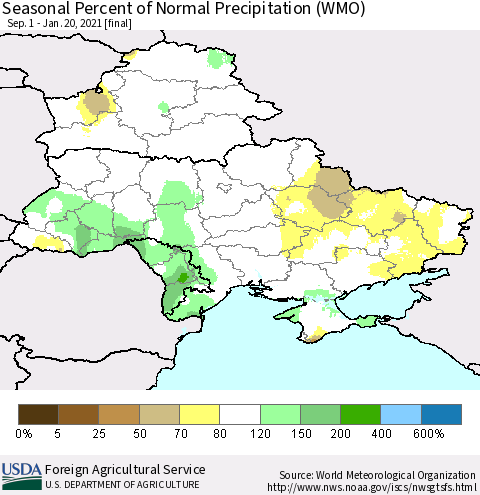 Ukraine, Moldova and Belarus Seasonal Percent of Normal Precipitation (WMO) Thematic Map For 9/1/2020 - 1/20/2021