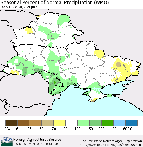 Ukraine, Moldova and Belarus Seasonal Percent of Normal Precipitation (WMO) Thematic Map For 9/1/2020 - 1/31/2021