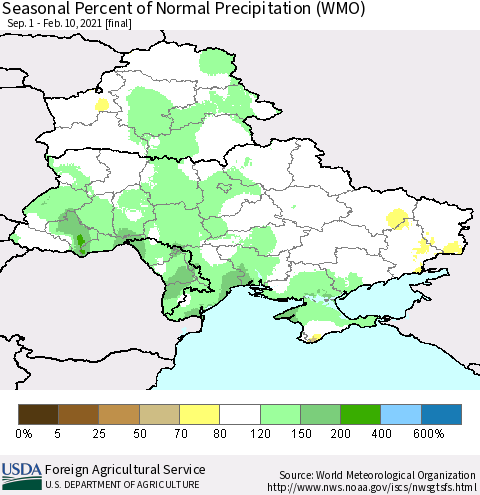 Ukraine, Moldova and Belarus Seasonal Percent of Normal Precipitation (WMO) Thematic Map For 9/1/2020 - 2/10/2021