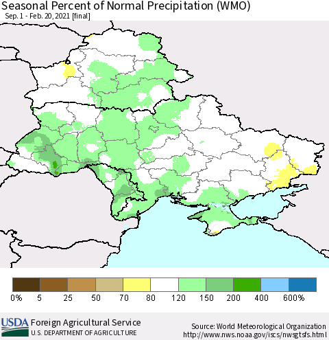 Ukraine, Moldova and Belarus Seasonal Percent of Normal Precipitation (WMO) Thematic Map For 9/1/2020 - 2/20/2021