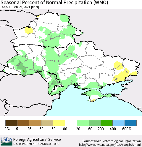 Ukraine, Moldova and Belarus Seasonal Percent of Normal Precipitation (WMO) Thematic Map For 9/1/2020 - 2/28/2021