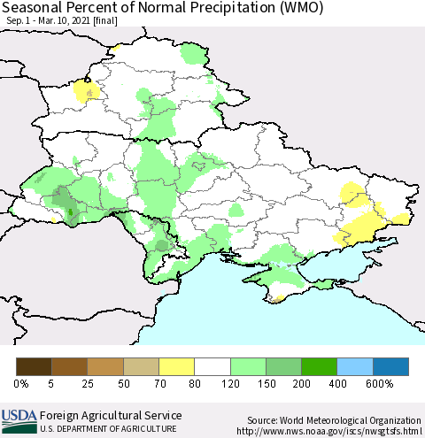 Ukraine, Moldova and Belarus Seasonal Percent of Normal Precipitation (WMO) Thematic Map For 9/1/2020 - 3/10/2021