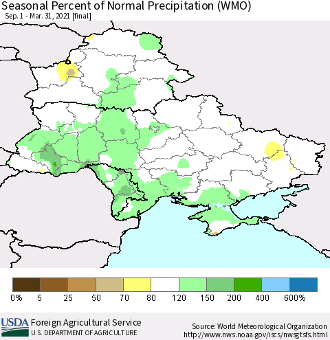 Ukraine, Moldova and Belarus Seasonal Percent of Normal Precipitation (WMO) Thematic Map For 9/1/2020 - 3/31/2021