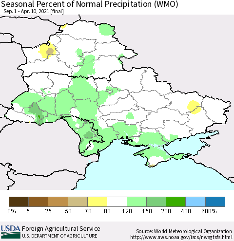 Ukraine, Moldova and Belarus Seasonal Percent of Normal Precipitation (WMO) Thematic Map For 9/1/2020 - 4/10/2021