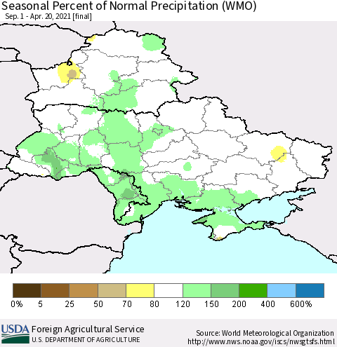 Ukraine, Moldova and Belarus Seasonal Percent of Normal Precipitation (WMO) Thematic Map For 9/1/2020 - 4/20/2021