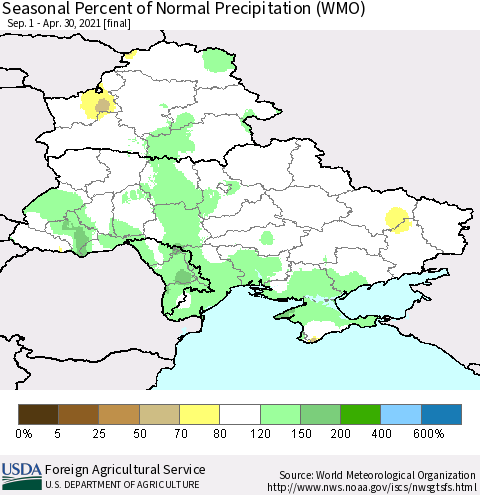 Ukraine, Moldova and Belarus Seasonal Percent of Normal Precipitation (WMO) Thematic Map For 9/1/2020 - 4/30/2021