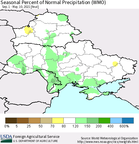 Ukraine, Moldova and Belarus Seasonal Percent of Normal Precipitation (WMO) Thematic Map For 9/1/2020 - 5/10/2021