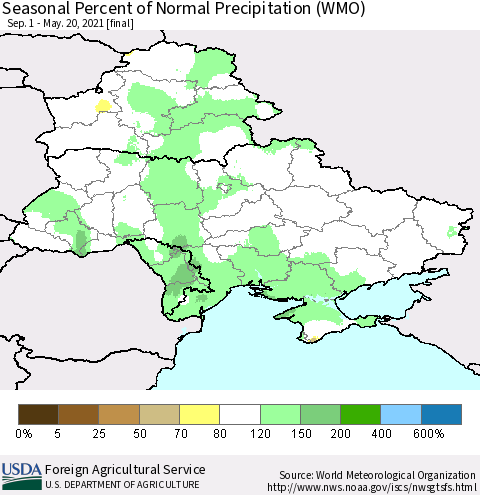 Ukraine, Moldova and Belarus Seasonal Percent of Normal Precipitation (WMO) Thematic Map For 9/1/2020 - 5/20/2021