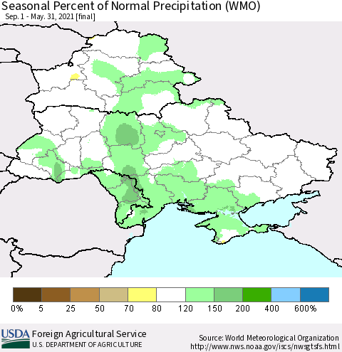 Ukraine, Moldova and Belarus Seasonal Percent of Normal Precipitation (WMO) Thematic Map For 9/1/2020 - 5/31/2021