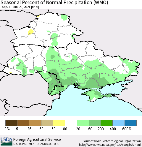 Ukraine, Moldova and Belarus Seasonal Percent of Normal Precipitation (WMO) Thematic Map For 9/1/2020 - 6/20/2021
