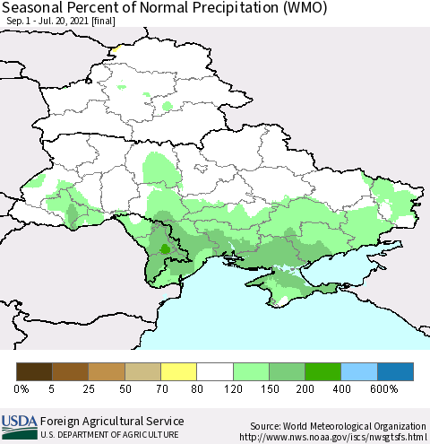 Ukraine, Moldova and Belarus Seasonal Percent of Normal Precipitation (WMO) Thematic Map For 9/1/2020 - 7/20/2021
