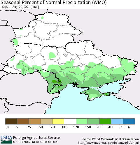 Ukraine, Moldova and Belarus Seasonal Percent of Normal Precipitation (WMO) Thematic Map For 9/1/2020 - 8/20/2021
