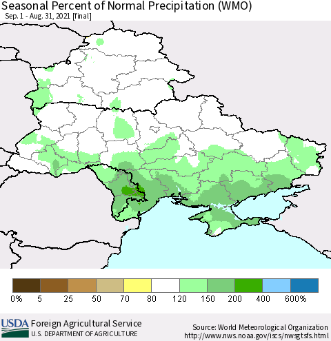 Ukraine, Moldova and Belarus Seasonal Percent of Normal Precipitation (WMO) Thematic Map For 9/1/2020 - 8/31/2021