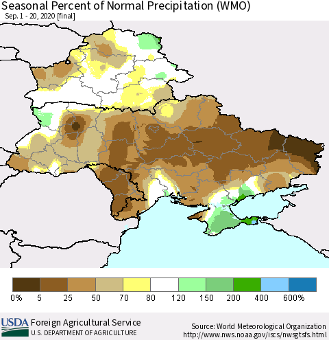 Ukraine, Moldova and Belarus Seasonal Percent of Normal Precipitation (WMO) Thematic Map For 9/1/2020 - 9/20/2020
