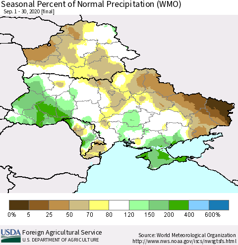 Ukraine, Moldova and Belarus Seasonal Percent of Normal Precipitation (WMO) Thematic Map For 9/1/2020 - 9/30/2020