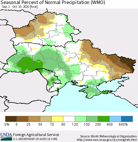 Ukraine, Moldova and Belarus Seasonal Percent of Normal Precipitation (WMO) Thematic Map For 9/1/2020 - 10/10/2020