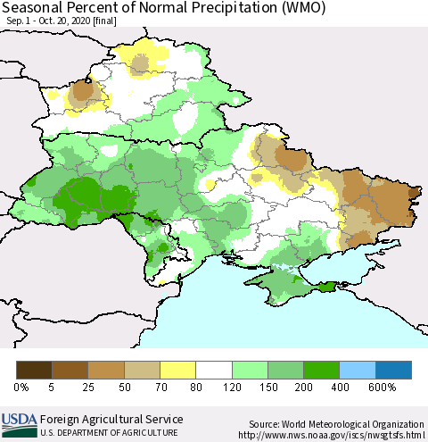 Ukraine, Moldova and Belarus Seasonal Percent of Normal Precipitation (WMO) Thematic Map For 9/1/2020 - 10/20/2020