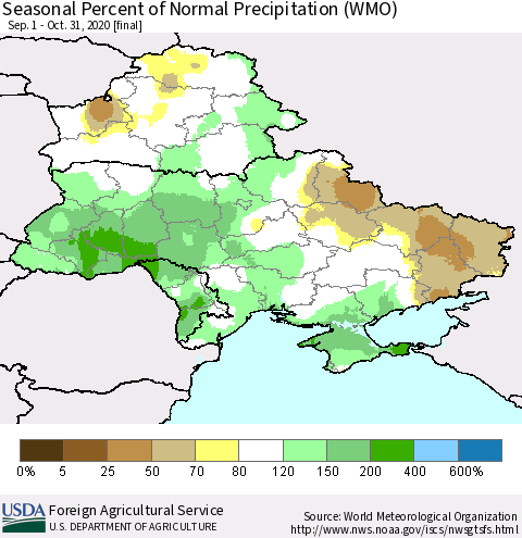 Ukraine, Moldova and Belarus Seasonal Percent of Normal Precipitation (WMO) Thematic Map For 9/1/2020 - 10/31/2020