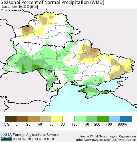 Ukraine, Moldova and Belarus Seasonal Percent of Normal Precipitation (WMO) Thematic Map For 9/1/2020 - 11/10/2020