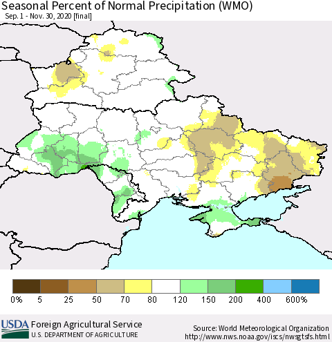 Ukraine, Moldova and Belarus Seasonal Percent of Normal Precipitation (WMO) Thematic Map For 9/1/2020 - 11/30/2020