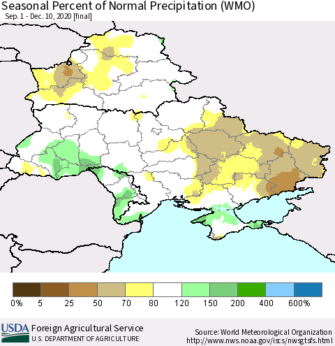 Ukraine, Moldova and Belarus Seasonal Percent of Normal Precipitation (WMO) Thematic Map For 9/1/2020 - 12/10/2020