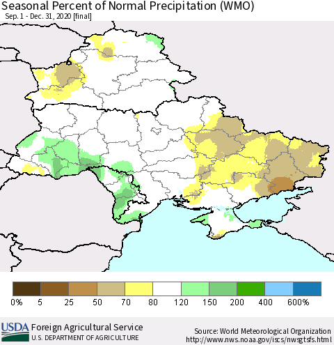 Ukraine, Moldova and Belarus Seasonal Percent of Normal Precipitation (WMO) Thematic Map For 9/1/2020 - 12/31/2020