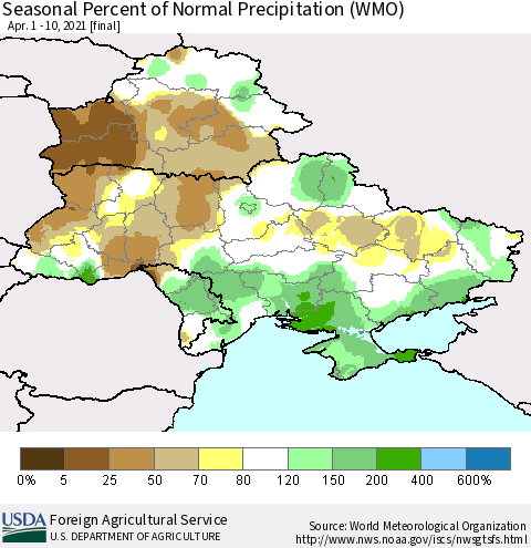Ukraine, Moldova and Belarus Seasonal Percent of Normal Precipitation (WMO) Thematic Map For 4/1/2021 - 4/10/2021