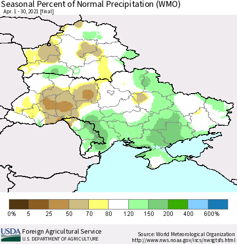Ukraine, Moldova and Belarus Seasonal Percent of Normal Precipitation (WMO) Thematic Map For 4/1/2021 - 4/30/2021