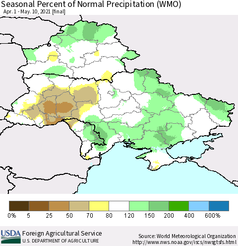 Ukraine, Moldova and Belarus Seasonal Percent of Normal Precipitation (WMO) Thematic Map For 4/1/2021 - 5/10/2021