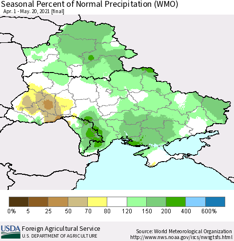 Ukraine, Moldova and Belarus Seasonal Percent of Normal Precipitation (WMO) Thematic Map For 4/1/2021 - 5/20/2021