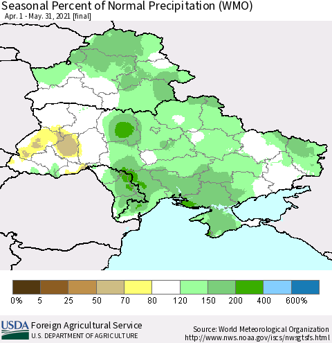 Ukraine, Moldova and Belarus Seasonal Percent of Normal Precipitation (WMO) Thematic Map For 4/1/2021 - 5/31/2021