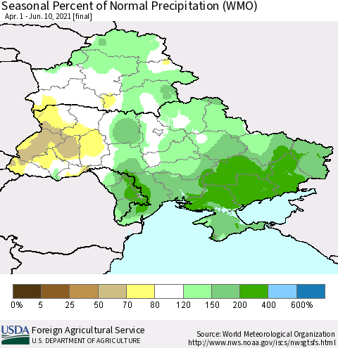Ukraine, Moldova and Belarus Seasonal Percent of Normal Precipitation (WMO) Thematic Map For 4/1/2021 - 6/10/2021