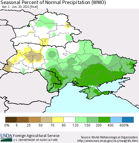 Ukraine, Moldova and Belarus Seasonal Percent of Normal Precipitation (WMO) Thematic Map For 4/1/2021 - 6/20/2021