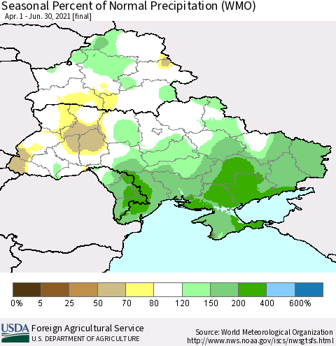 Ukraine, Moldova and Belarus Seasonal Percent of Normal Precipitation (WMO) Thematic Map For 4/1/2021 - 6/30/2021