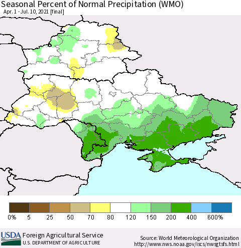 Ukraine, Moldova and Belarus Seasonal Percent of Normal Precipitation (WMO) Thematic Map For 4/1/2021 - 7/10/2021