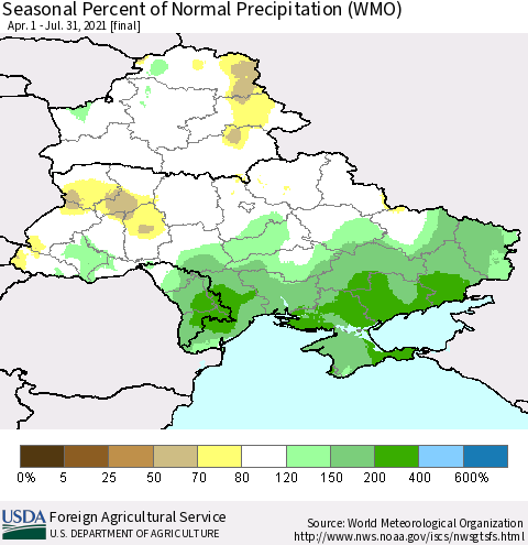 Ukraine, Moldova and Belarus Seasonal Percent of Normal Precipitation (WMO) Thematic Map For 4/1/2021 - 7/31/2021