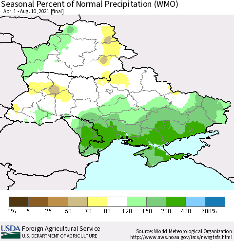 Ukraine, Moldova and Belarus Seasonal Percent of Normal Precipitation (WMO) Thematic Map For 4/1/2021 - 8/10/2021