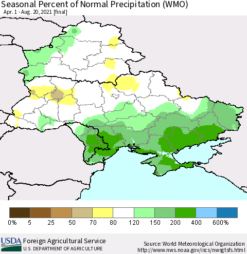 Ukraine, Moldova and Belarus Seasonal Percent of Normal Precipitation (WMO) Thematic Map For 4/1/2021 - 8/20/2021