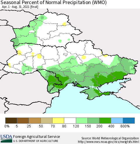 Ukraine, Moldova and Belarus Seasonal Percent of Normal Precipitation (WMO) Thematic Map For 4/1/2021 - 8/31/2021