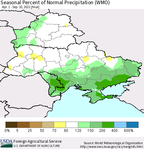 Ukraine, Moldova and Belarus Seasonal Percent of Normal Precipitation (WMO) Thematic Map For 4/1/2021 - 9/10/2021
